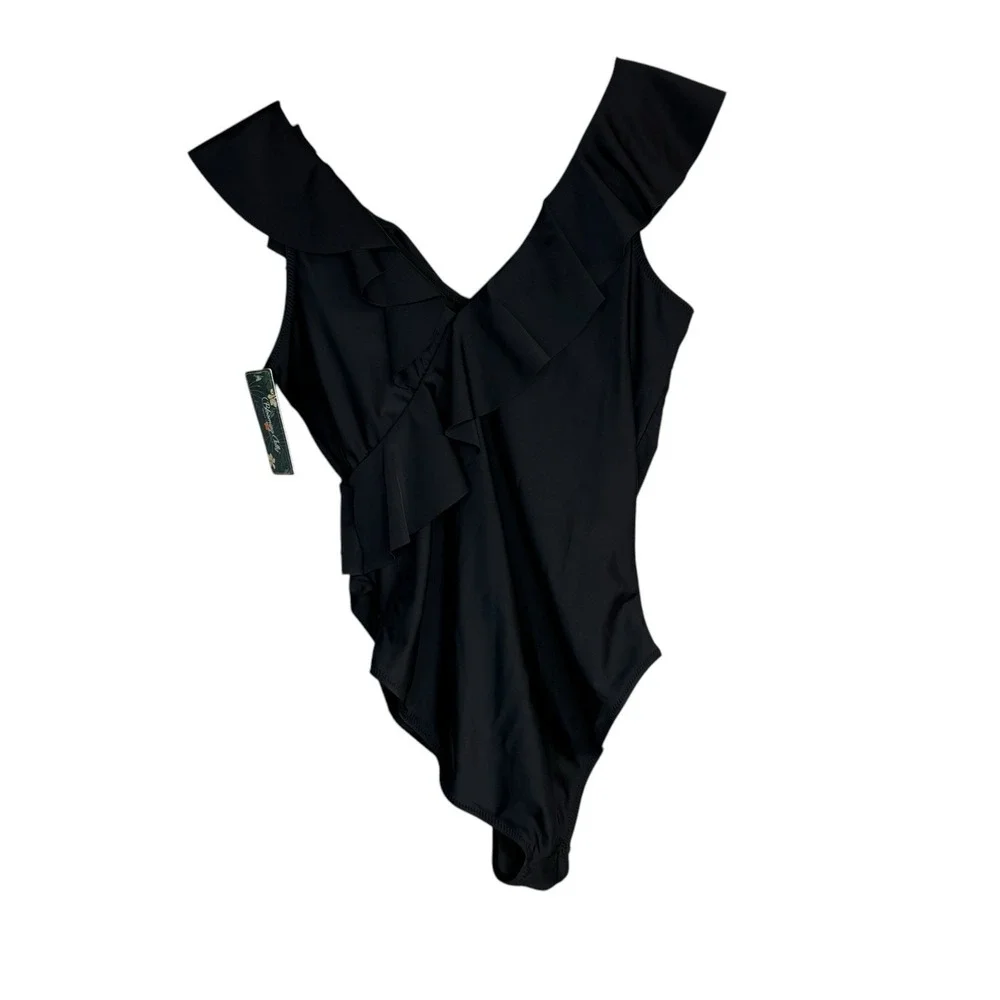 Blooming Jelly Womens Swimsuit XL Black Ruffle Vneck Cinching Slimming One Piece